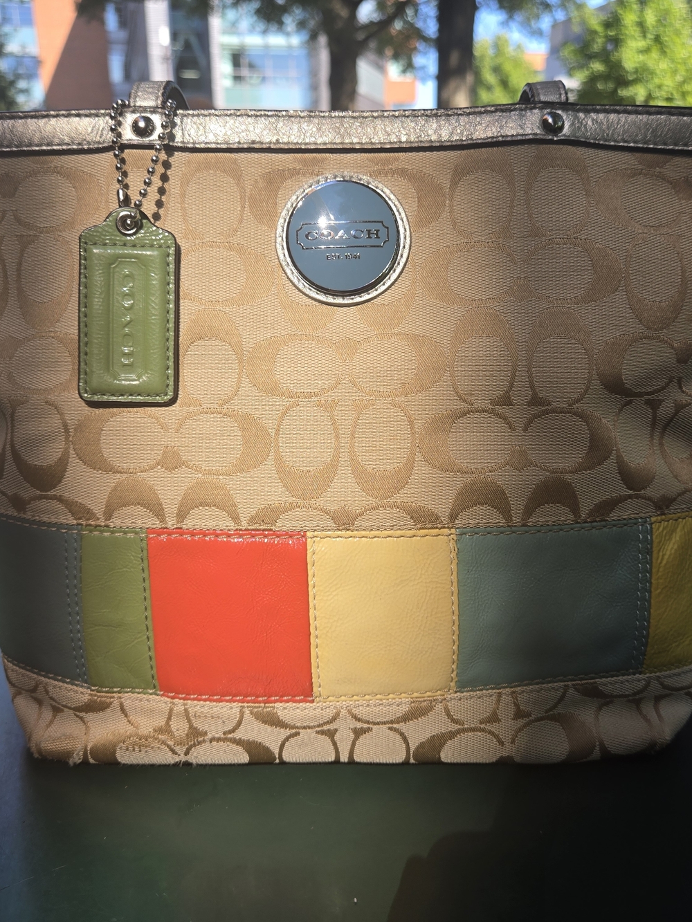 Coach Beige Signature Tote with Multicolor Leather Panels